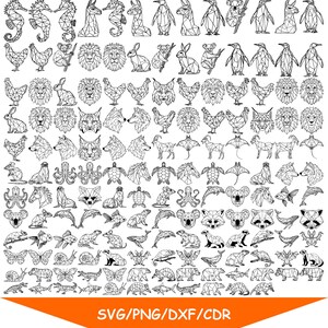 Könnte beinhalten: Eine Sammlung geometrischer Tierillustrationen in Schwarz und Weiß. Das Bild zeigt verschiedene Tiere, darunter Seepferdchen, Pinguine, Löwen und Kaninchen. Der untere Teil des Bildes enthält den Text "SVG/PNG/DXF/CDR".