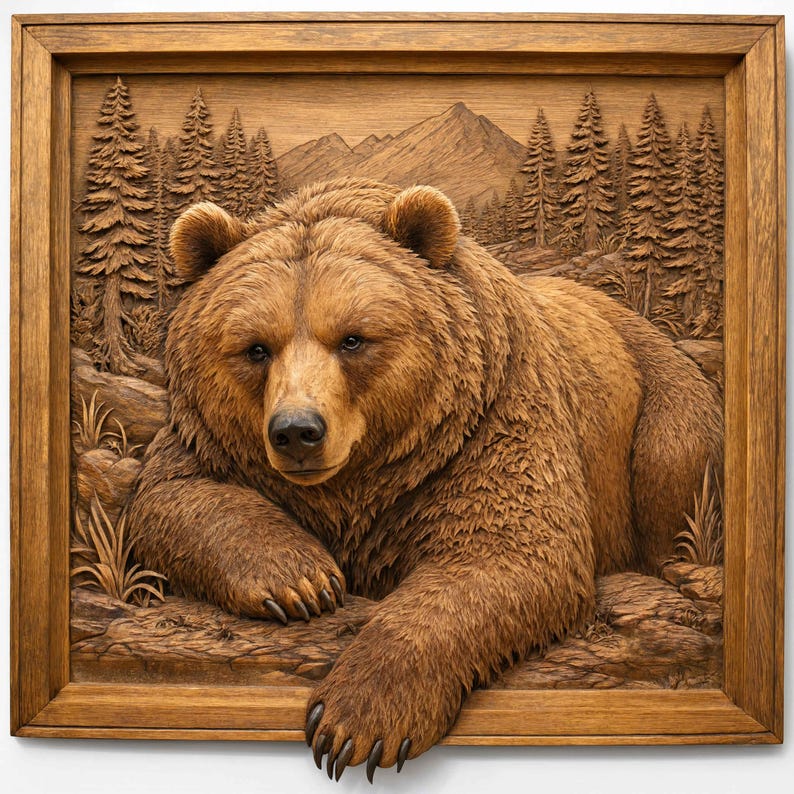 May include: A square wooden wall art piece featuring a detailed relief carving of a brown bear resting in a forest landscape. The bear is positioned in the foreground with its front paw extending over the bottom edge of the wooden frame.