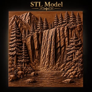 Mountain Waterfall Cascading Down Rocky Cliffs Pine Forest Boulders River STL for CNC Router | 3D Relief Wood Panel