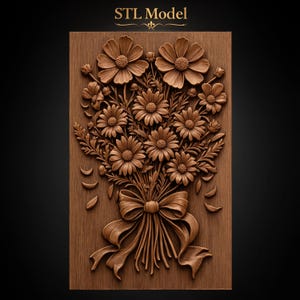 May include: A rectangular wooden panel featuring a 3D relief carving of a bouquet of daisies and cosmos flowers tied with a ribbon bow at the base. The text "STL Model" is centered at the top of the brown wood-grain surface in gold lettering.