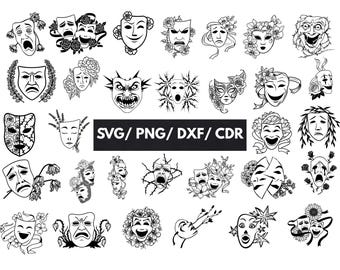 Theater Masks SVG and PNG: Comedy and Tragedy Silhouette for Cricut Projects, Drama Club Clipart, Performing Arts Decor, Digital