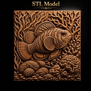 Detailed Tropical Fish Patterned Body Fanned Fins Swaying Seaweed Coral Reef Brain Coral STL for CNC Router | 3D Relief Wood Wall Art