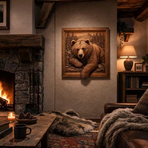 May include: A square wooden wall art piece featuring a three-dimensional relief carving of a brown bear emerging from a forest background. The bear is depicted in a resting position with its head and front paws extending outward from the frame.