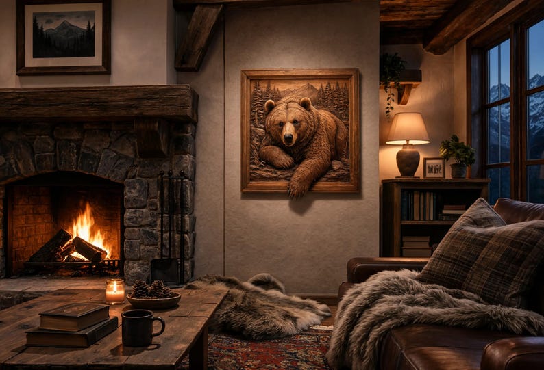 May include: A square wooden wall art piece featuring a three-dimensional relief carving of a brown bear emerging from a forest background. The bear is depicted in a resting position with its head and front paws extending outward from the frame.