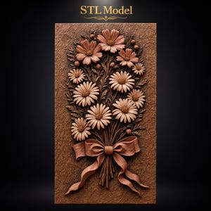 Pink Cosmos White Daisy Flower Bouquet with Large Pink Ribbon Bow Feathery Leaves STL for CNC Router | 3D Relief Wood Panel