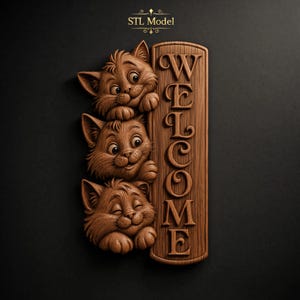 May include: A vertical wooden wall plaque featuring three carved cat heads stacked on the left side and the word WELCOME in raised capital letters on the right. The design has a natural wood grain texture and a warm brown finish throughout.
