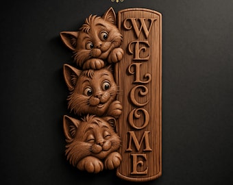 Three Cute Cats Welcome Sign STL File for CNC Router | Farmhouse 3D Relief Wood Carving Wall Door Decor