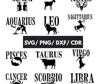 Paquete SVG de signos del zodíaco, archivos SVG de signos zodiacales, archivos de corte de astrología del zodíaco, imágenes prediseñadas del horóscopo celestial, vectores de silueta de Cricut