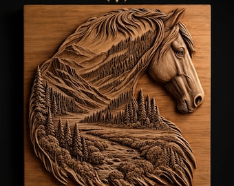 Majestic Horse Head Flowing Mane Detailed Pine Forest Mountains Winding River Double Exposure STL for CNC Router | 3D Relief Wood Panel Art