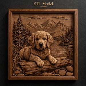 May include: A square wooden wall art piece featuring a relief carving of a golden retriever puppy resting on a log. The background depicts a mountain landscape with pine trees and clouds. The text "STL Model" is centered at the top of the frame.