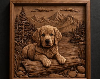 Golden Retriever Puppy Resting on Log with Lake Mountains Pine Trees STL File for CNC Router | 3D Relief Wood Carving Wall Panel