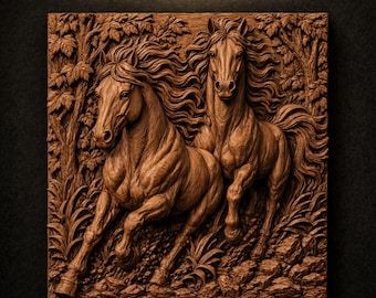 Two Galloping Horses with Flowing Manes STL File for CNC Router | Equestrian 3D Relief Wood Carving Wall Panel