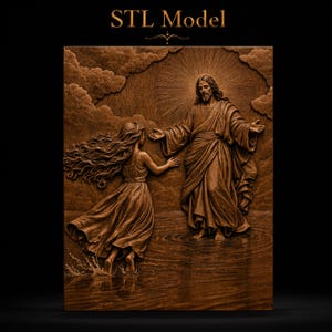 May include: A brown wood-toned relief carving labeled STL Model featuring a figure with long flowing hair reaching toward a standing figure with outstretched arms and a radiant halo, set against a background of clouds and rippling water.