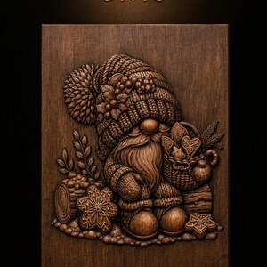 May include: A dark brown wooden relief carving featuring a gnome wearing a knit hat with a pom-pom, holding a basket of cookies. The scene includes a log, snowflake-shaped cookies, and holly berries. The text 'STL Model' is printed at the top.