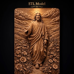 Jesus Christ Standing with Outstretched Hand Flowing Robes Winding Path Flower Meadow STL for CNC Router | 3D Relief Wood Panel