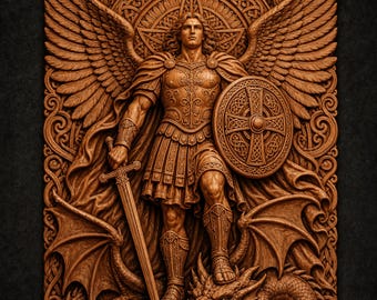 Archangel Michael Slaying Dragon with Sword Shield STL File for CNC Router | Religious 3D Relief Wood Carving Wall Panel