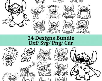 Paquete de Stitch SVG DXF, 24 diseños de Lilo y Stitch, adorable extraterrestre azul PNG, Stitch bebé, Ohana Hero