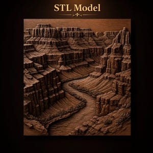 May include: A square brown wooden relief carving depicting a deep canyon landscape with layered rock formations and a winding river at the base. The text STL Model is centered at the top in a gold font against a dark background.