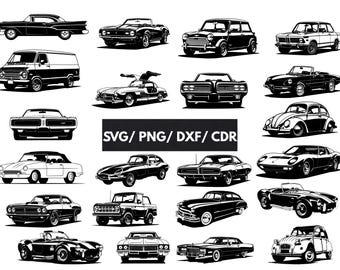 Auto-Svg-Bundle, Retro-Auto-Silhouette-Svg, Auto-Dxf, Oldtimer-Vektorgrafik, Clipart - Aufkleberdateien, Laser-Schnittdateien, Schneidedatei für Cricut