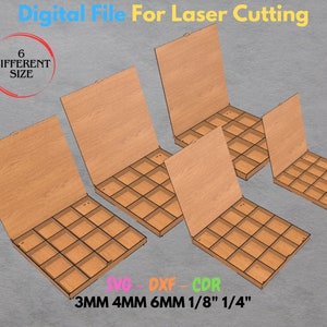 Opbergdoos lasergesneden bestanden - Dozen met klep en vak - 6 maten - Meerdere materialen - Glowforge SVG