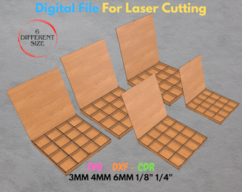 Organizador de almacenamiento de cajas de archivos cortados con láser - Cajas con tapa abatible y compartimento - 6 tamaños - Múltiples materiales - Glowforge SVG