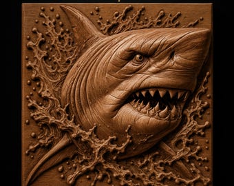 Fierce Great White Shark Head Open Jaw Sharp Teeth Splashing Waves Spray Bubbles STL for CNC Router | 3D Relief Wood Panel Wall Art