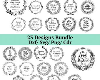 Bibel-Vers-Kranz SVG, 23 Blumenschriften-Designs, christliche Zitate Laser geschnitten Dateien, botanische religiöse Wandkunst DXF, inspirierende Anmut