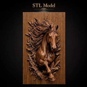 May include: A rectangular wooden wall plaque featuring a high-relief carving of a horse emerging from a fractured surface. The horse has a flowing mane and is depicted in a dynamic pose. The text "STL Model" is printed at the top center.