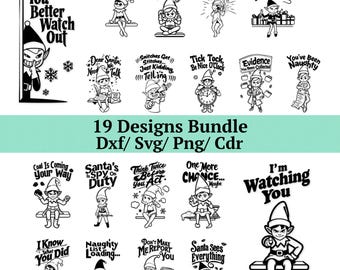 Elfen-Überwachungslaser-Datei SVG DXF CDR, 19 Lustige Weihnachtswarnschilder, Elfe im Regal Rapportkarte, Holzgravur-Bundle