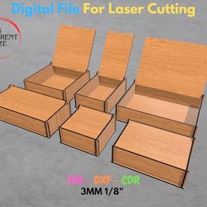 Laser Cut Box With Flip Up Lid , Six Different Size Box , for 3mm, 1/8inch material , GlowForge , Xtool, SVG , DXF , CDR Box laser files svg