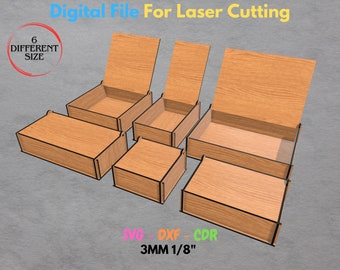 Laser Cut Box With Flip Up Lid , Six Different Size Box , for 3mm, 1/8inch material , GlowForge , Xtool, SVG , DXF , CDR Box laser files svg
