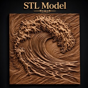 May include: A square brown relief carving featuring a detailed ocean wave with intricate foam textures and swirling water patterns. The text STL Model is displayed in gold lettering above the square wooden-toned relief panel design.
