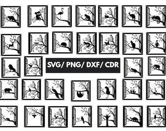 Animal Frame SVG Bundle | Laser Cut File, Forest Jungle Silhouette, Window Tree Decor, Sloth Monkey Glowforge DXF