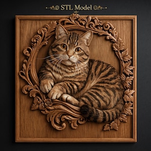 Tabby Cat Resting in Ornate Floral Wreath Frame with Scrollwork Leaves STL File for CNC Router | 3D Relief Wood Carving Wall Panel