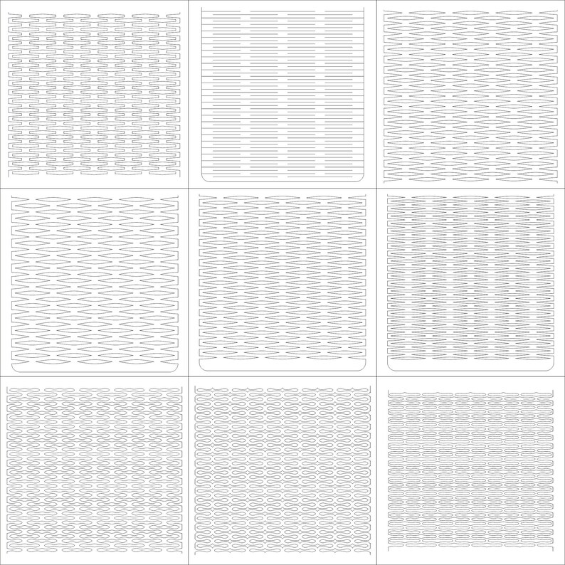Puede incluir: Nueve dise&ntilde;os rectangulares con varios patrones geom&eacute;tricos. Los patrones incluyen l&iacute;neas horizontales, zigzags y formas repetitivas. Todos los dise&ntilde;os est&aacute;n en escala de grises.