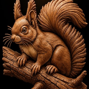 Detailed Squirrel Sitting on Branch Bushy Curled Tail Tufted Ears Textured Fur STL for CNC Router | 3D Relief Wood Panel Wall Art