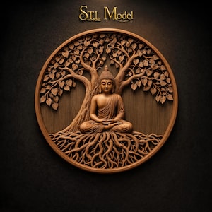 May include: A circular wooden wall art piece featuring a carved relief of a seated Buddha figure positioned beneath a sprawling tree with intricate roots and leaves. The text STL Model is displayed in gold lettering above the circular frame.