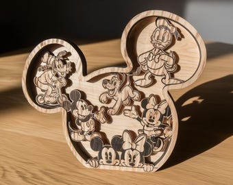 Archivo de mandala 3D de Mickey Minnie Mouse, 6 capas SVG DXF, cortado con láser, Donald, Goofy y Pluto