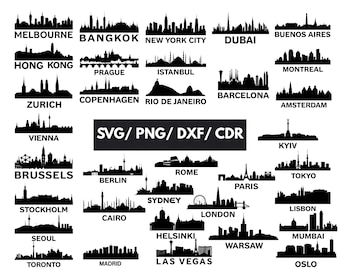 Globale Stadt Skyline SVG-Bundle | 34 Städte der Welt schneiden Dateien, New York London Paris Paris Silhouette, Cricut DXF PNG