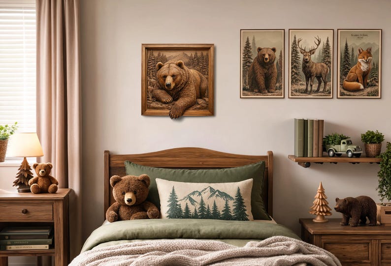 May include: A square framed wall art piece featuring a three-dimensional brown bear resting in a forest setting, with the bear's paw extending beyond the frame. The artwork is displayed on a wall above a bed with green bedding and decorative pillows.