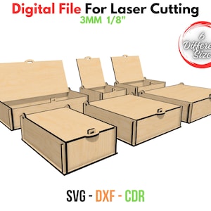 Laser Cut Box With Flip Up Lid , Six Different Size Box , for 3mm, 1/8inch material , GlowForge , Xtool, SVG , DXF , CDR Box laser files svg