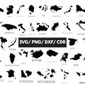 Könnte beinhalten: Schwarze Silhouetten von Ländern und Inseln, darunter Tahiti, Marokko, Neukaledonien und Kroatien. Der Text "SVG / PNG / DXF / CDR" ist ebenfalls enthalten.