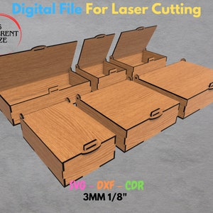 Uma caixa cortada a laser com tampa rebatível é oferecida em seis tamanhos variados, materiais GlowForge de 3 mm (1/8 polegada). Formatos SVG, DXF e CDR