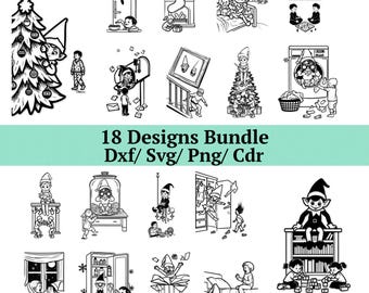 Elfe auf dem Regal Unfug Laser File SVG DXF CDR, 18 detaillierte Streich Szenen, Weihnachten Holz Ornament Muster Bundle
