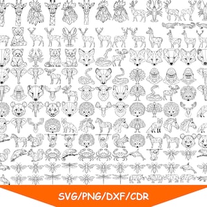 Könnte beinhalten: Eine Sammlung geometrischer Tierillustrationen in Schwarz und Weiß. Das Bild zeigt verschiedene Tiere, darunter Giraffen, Hirsche und Insekten, die in einem Low-Poly-Stil dargestellt sind. Der untere Teil des Bildes enthält den Text "SVG/PNG/DXF/CDR" in Weiß auf orangefarbenem Hintergrund.