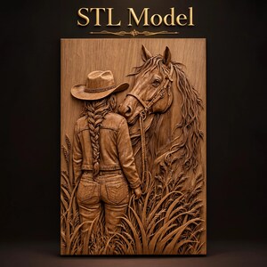 Cowgirl bakifrån med cowboyhatt, lång flätad denimoutfit, håller träns av hästvetegräs i STL-format för CNC-fräs | 3D-reliefpanel av trä