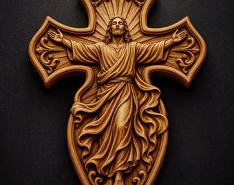 Risen Jesus Christ Cross STL File for CNC Router | Religious 3D Relief Wood Carving Wall Crucifix