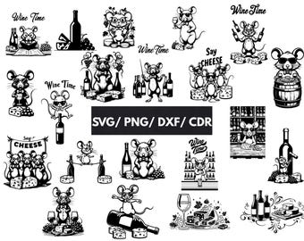 Wine and Cheese SVG Bundle | Mouse SVG Designs | Wine Cut Files | Cheese Lover Cricut Silhouette SVG Pack