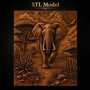 Könnte beinhalten: Ein braunes, quadratisches STL-Modell mit einer Reliefschnitzerei eines Elefanten, der durch eine Savannenlandschaft mit Akazienbäumen, Pflanzen, Felsen und einem Vogel am Himmel läuft. Der Text STL Model ist oben in Gold aufgedruckt.