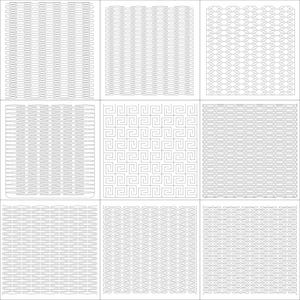 Puede incluir: Nueve paneles cuadrados que muestran varios patrones geom&eacute;tricos en una paleta de grises. Los dise&ntilde;os incluyen l&iacute;neas onduladas repetidas, zigzags y motivos de clave griega, ofreciendo una variedad de texturas e inter&eacute;s visual. Ideal para dise&ntilde;o.